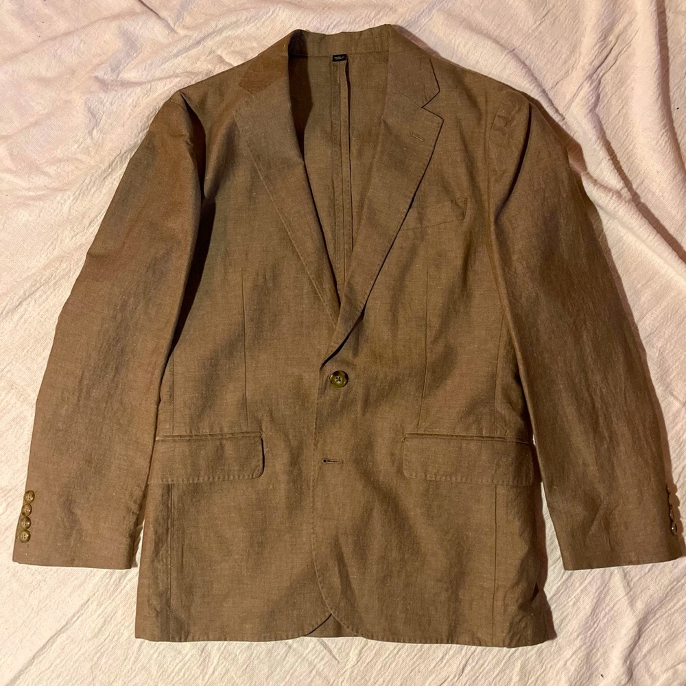 NWT J Crew Ludlow Fit light brown Irish linen blend, blazer 36S, pants 33x30.